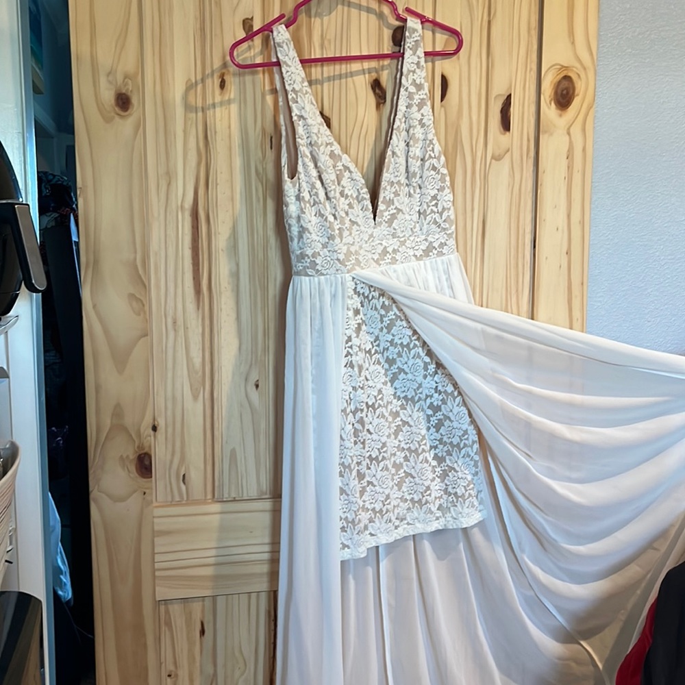 Formal minidress with long sheer skirt